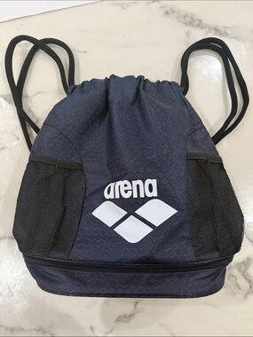 Arena swim bag backpack - Navy Blue - Drawstring Backpack with White Logo